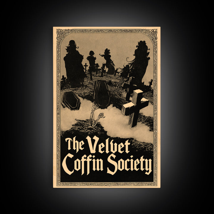 The Velvet Coffin Society, English Language Horror Movie Poster, Decadent Line Art, Gothic Cinema Wall Art, Framed Canvas Print