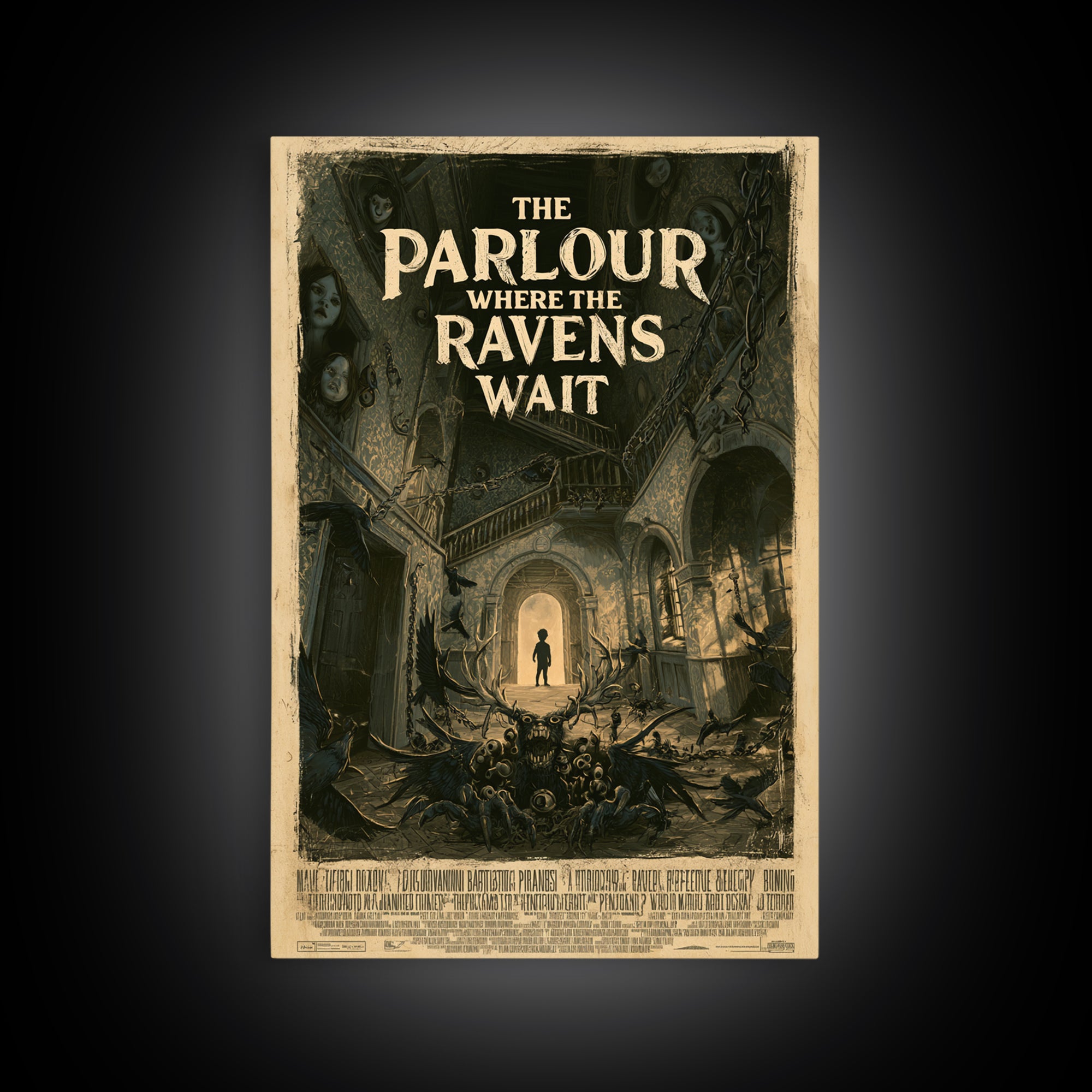 The Parlour Where The Ravens Wait, English Language Horror Movie Poster, Architectural Etching Art, Classic Monster Poster