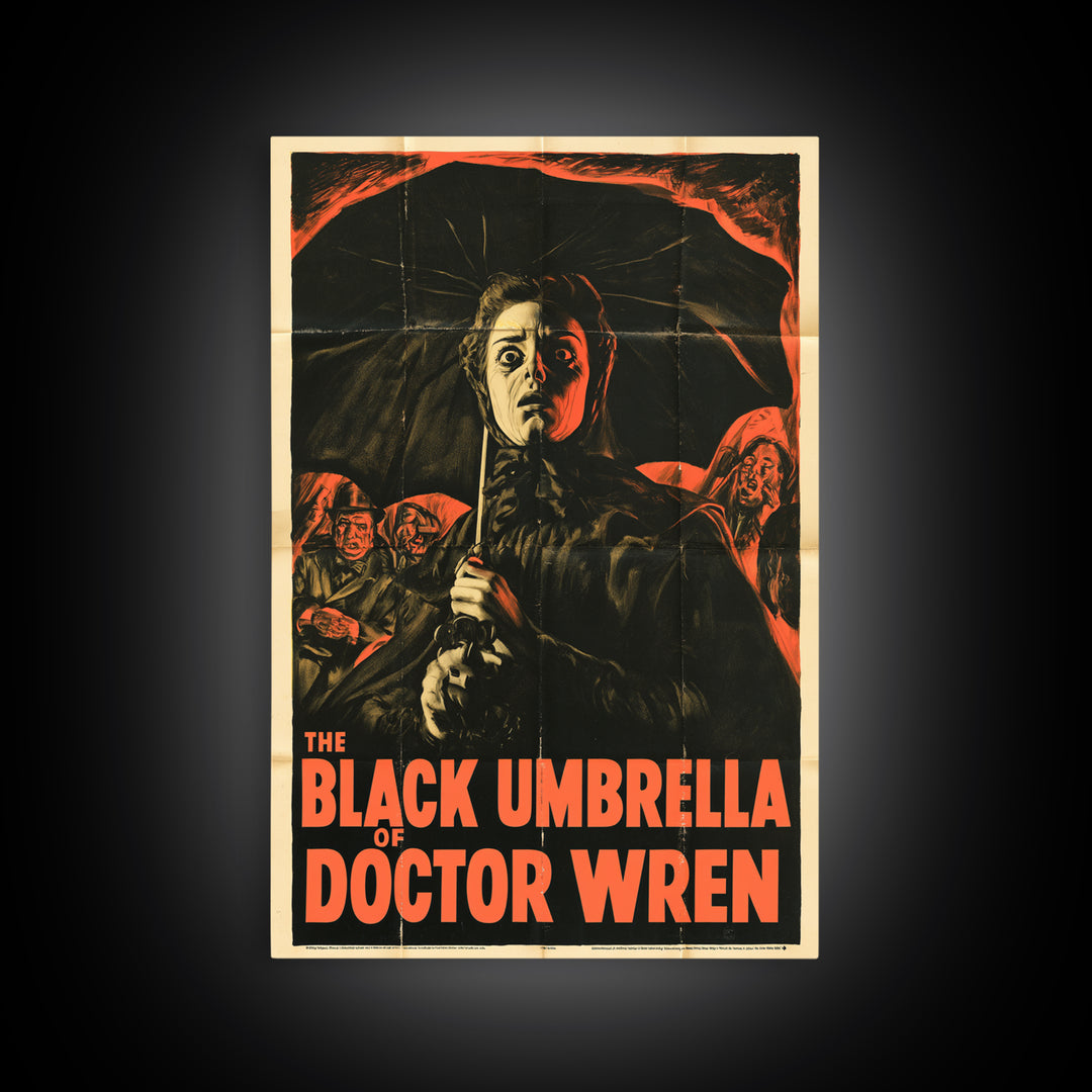 The Black Umbrella Of Doctor Wren, English Language Horror Movie Poster, 1950s Creature-Feature One-Sheet Inspired Art, Framed Canvas Print