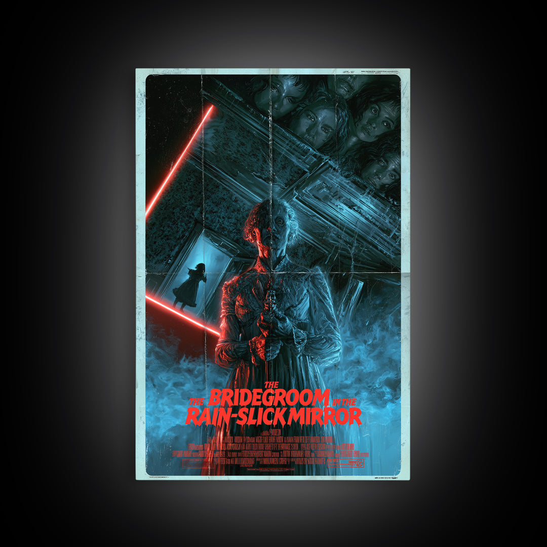 The Bridegroom In The Rain-Slick Mirror, English Language Horror Movie Poster, 1980s Vhs Nightmare Cover Inspired Art, Framed Canvas Print