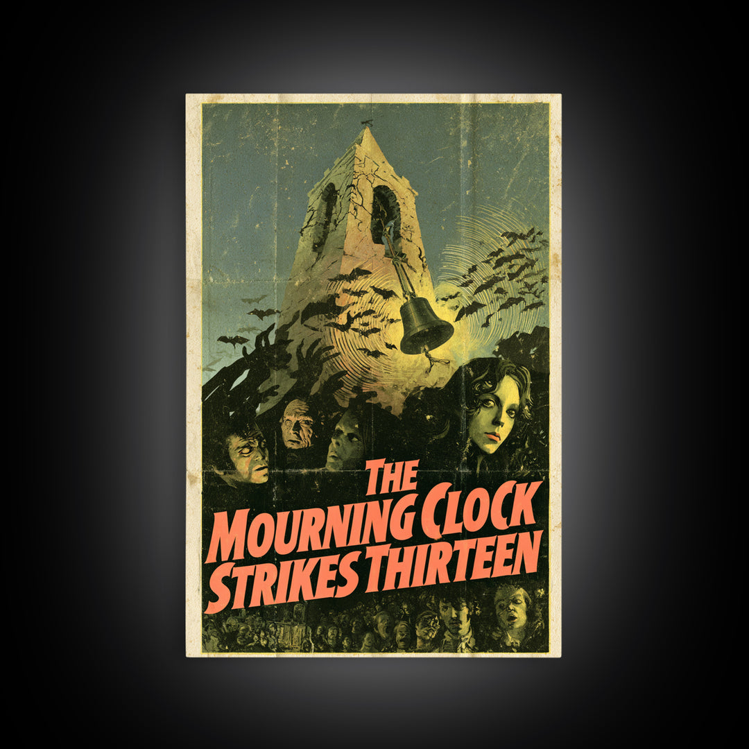 The Mourning Clock Strikes Thirteen, English Language Horror Movie Poster, 1970s Horror Art, Retro Horror Movie Art, Canvas Print