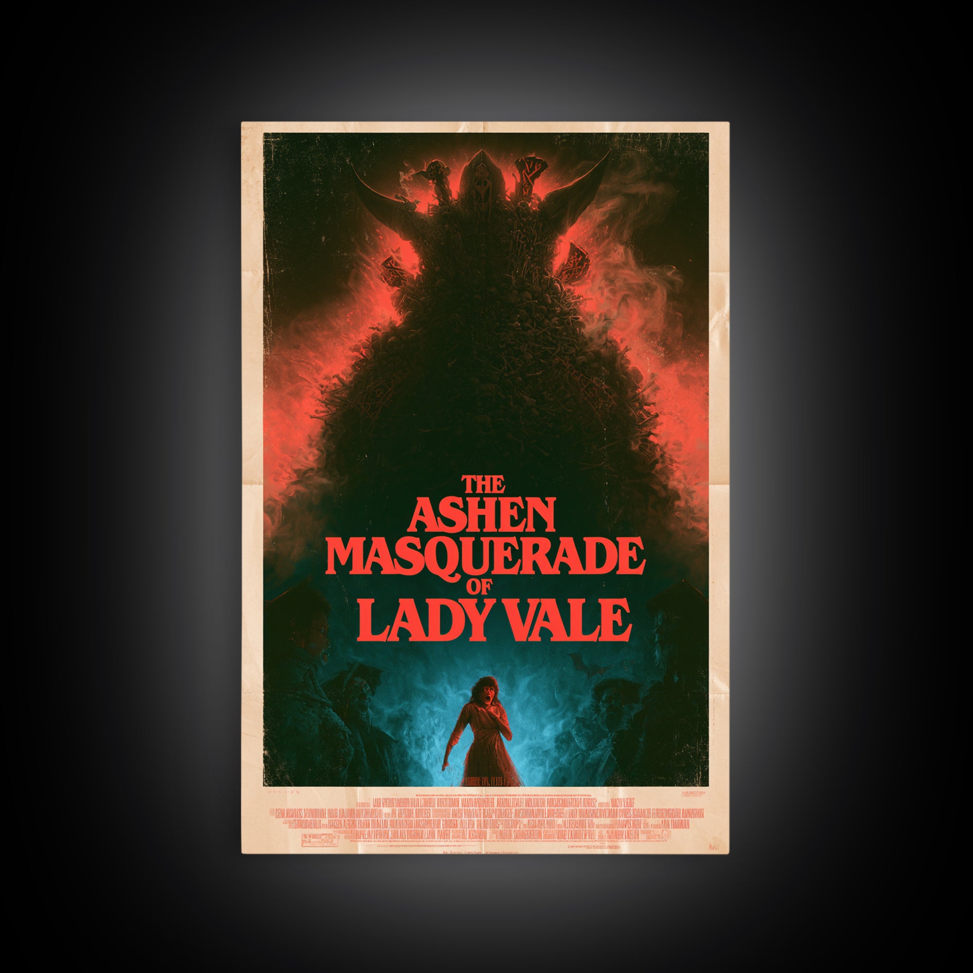 The Ashen Masquerade Of Lady Vale, English Language Horror Movie Poster, 1980s Vhs Nightmare Cover Inspired Art, Retro Horror Movie Art