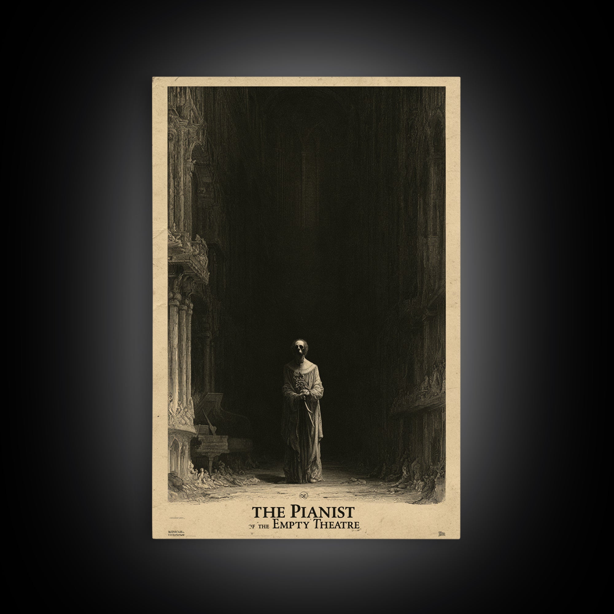 The Pianist Of The Empty Theatre, English Language Horror Movie Poster, Gothic Engraving Art, Classic Monster Poster, Horror Wall Decor