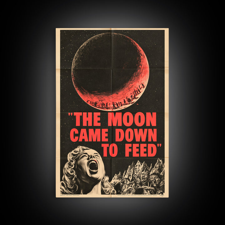 The Moon Came Down To Feed, English Language Horror Movie Poster, 1950s Creature-Feature One-Sheet Inspired Art, Classic Monster Poster