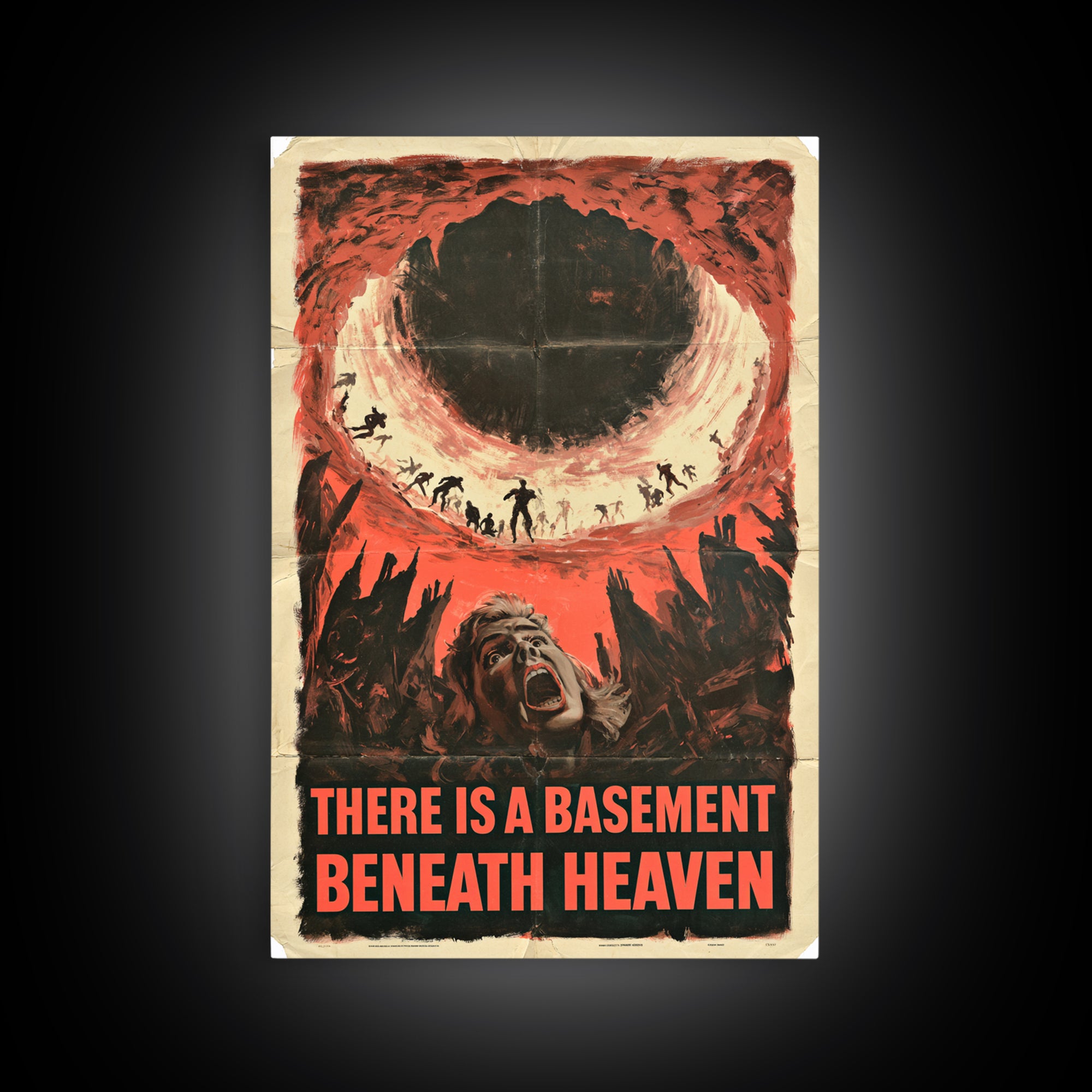 There Is A Basement Beneath Heaven, English Language Horror Movie Poster, 1950s Creature-Feature One-Sheet Inspired Art, Canvas Print