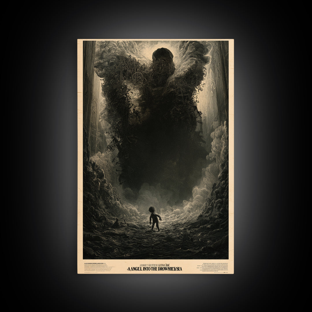 An Angel Fell Into The Drowned Sea, English Language Horror Movie Poster, Gothic Engraving Art, Cult Horror Poster, Framed Canvas Print