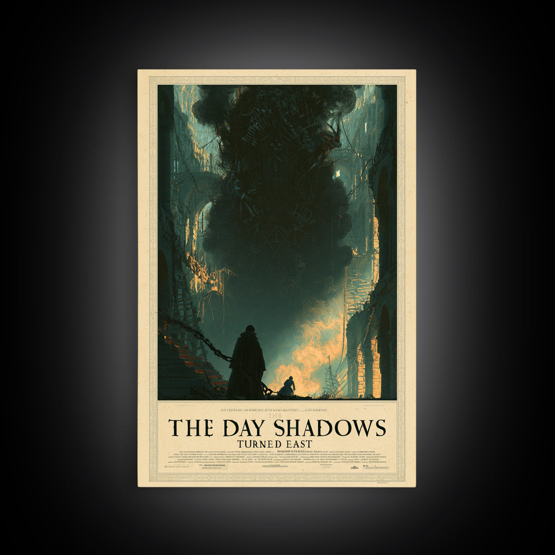 The Day The Shadows Turned East, English Language Horror Movie Poster, Architectural Etching Art, Retro Horror Movie Art