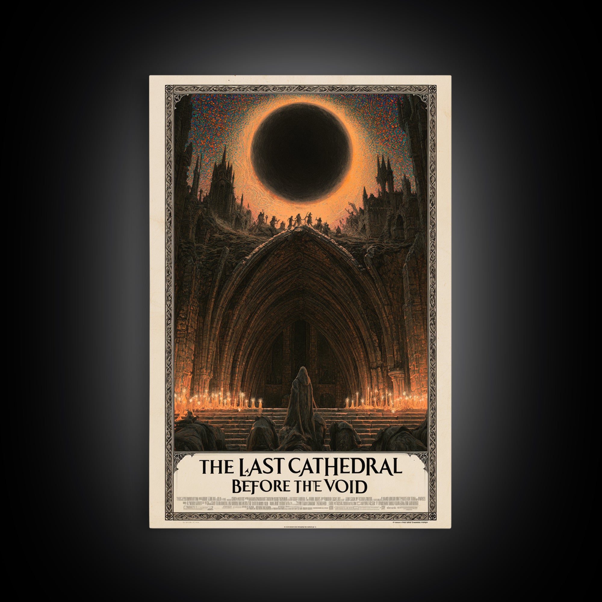 The Last Cathedral Before The Void, English Language Horror Movie Poster, Stained Glass Gothic Art, Retro Horror Movie Art