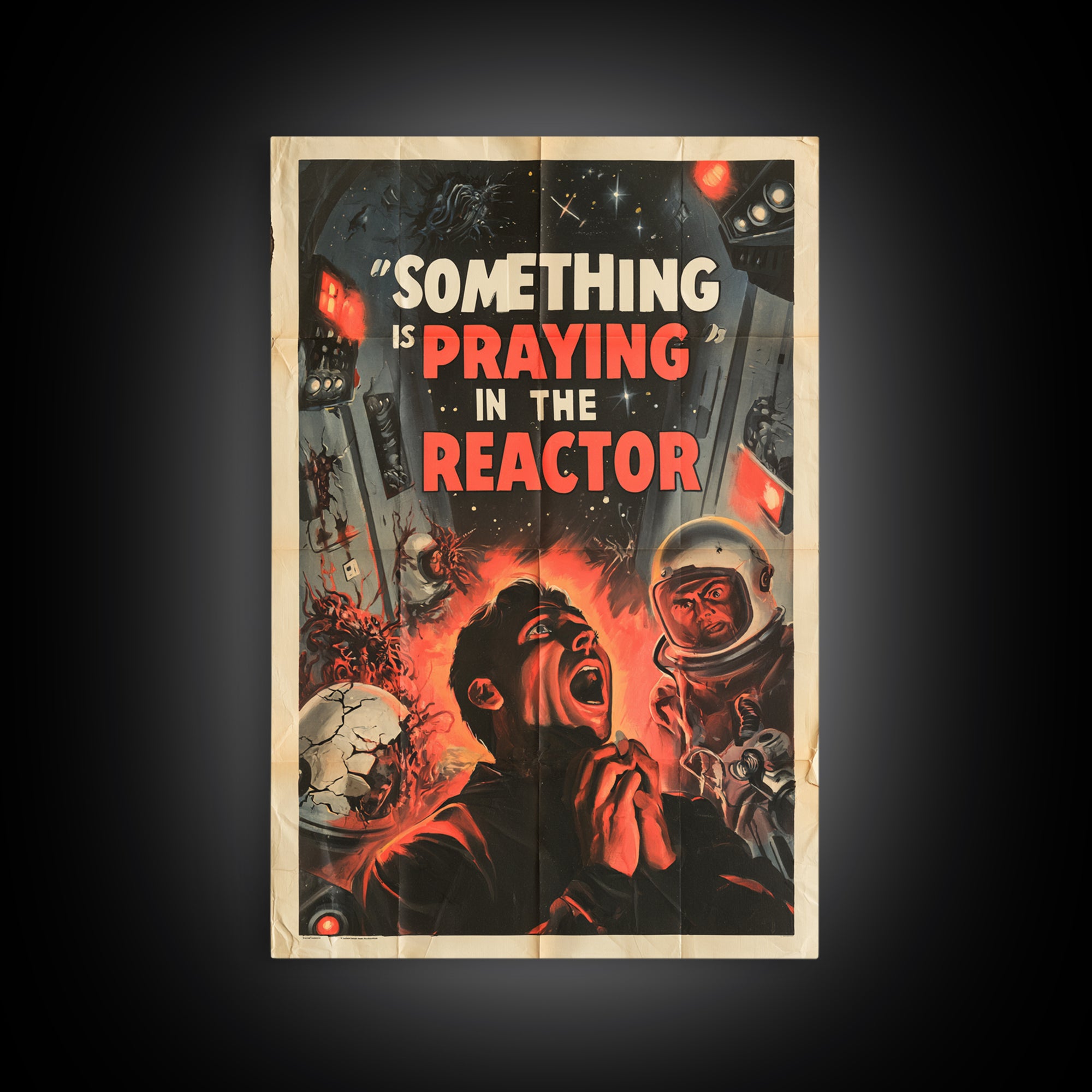 Something Is Praying In The Reactor, English Language Horror Movie Poster, 1950s Creature-Feature One-Sheet Inspired Art, Horror Wall Decor