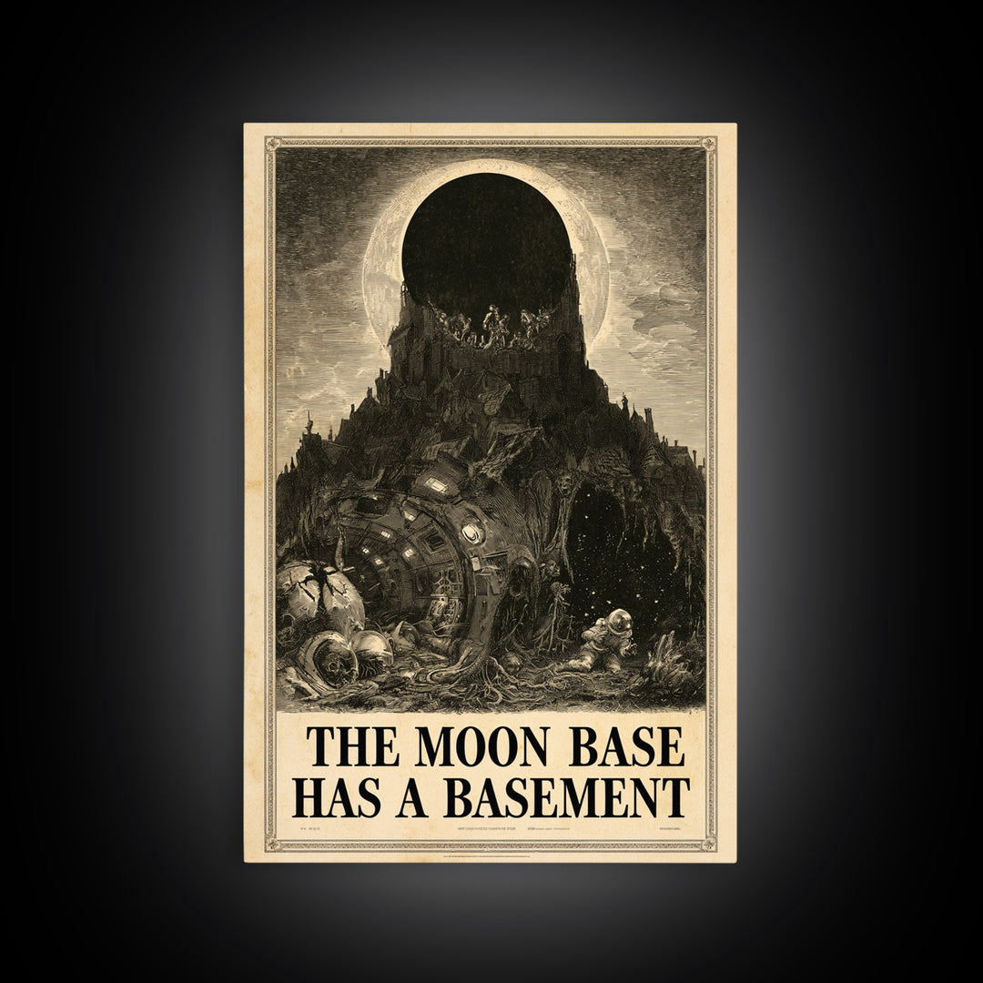 The Moon Base Has A Basement, English Language Horror Movie Poster, Gothic Engraving Art, Cult Horror Poster, Canvas Print