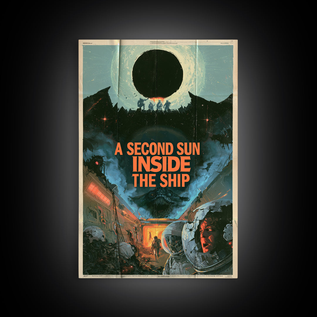 A Second Sun Inside The Ship, English Language Horror Movie Poster, 1980s Vhs Nightmare Cover Inspired Art, Gothic Cinema Wall Art