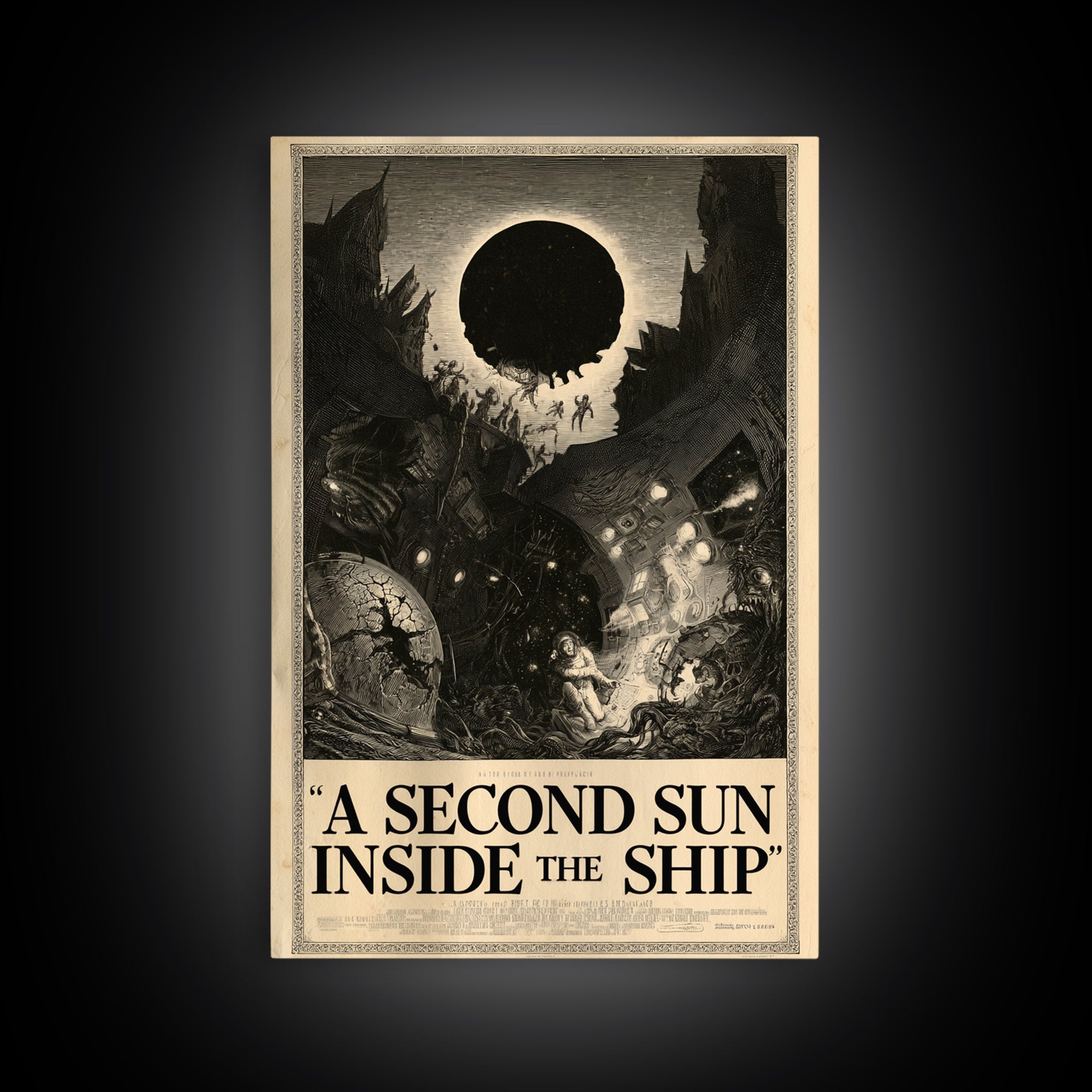 A Second Sun Inside The Ship, English Language Horror Movie Poster, Gothic Engraving Art, Classic Monster Poster, Framed Canvas Print