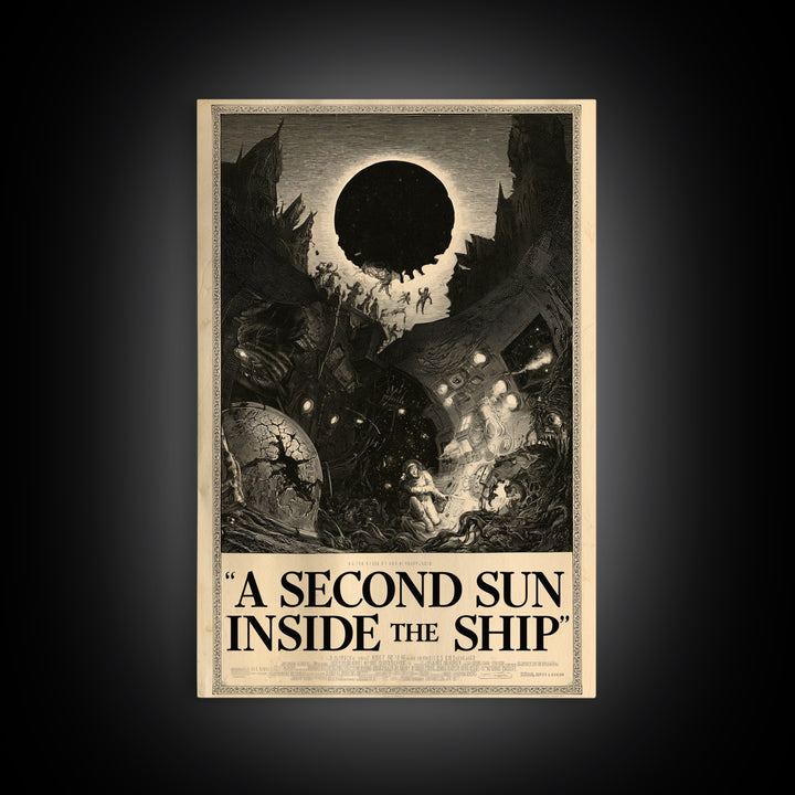 A Second Sun Inside The Ship, English Language Horror Movie Poster, Gothic Engraving Art, Classic Monster Poster, Framed Canvas Print