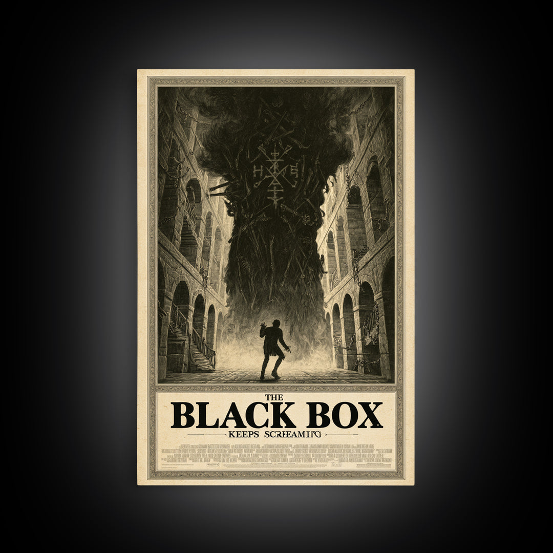 The Black Box Keeps Screaming, English Language Horror Movie Poster, Architectural Etching Art, Gothic Cinema Wall Art