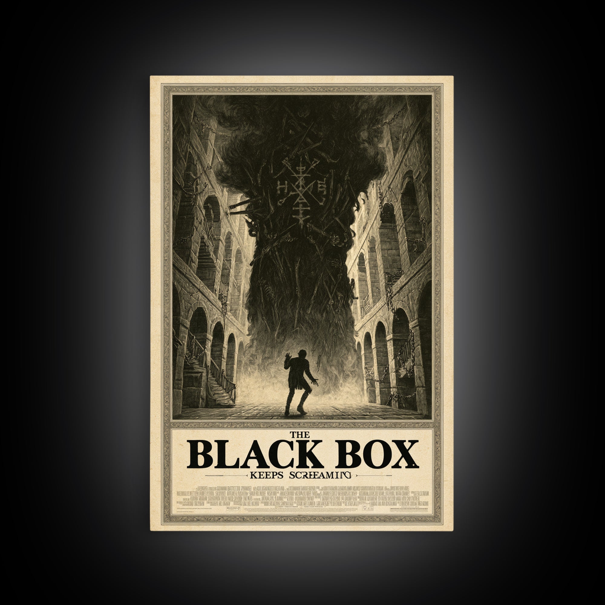 The Black Box Keeps Screaming, English Language Horror Movie Poster, Architectural Etching Art, Gothic Cinema Wall Art