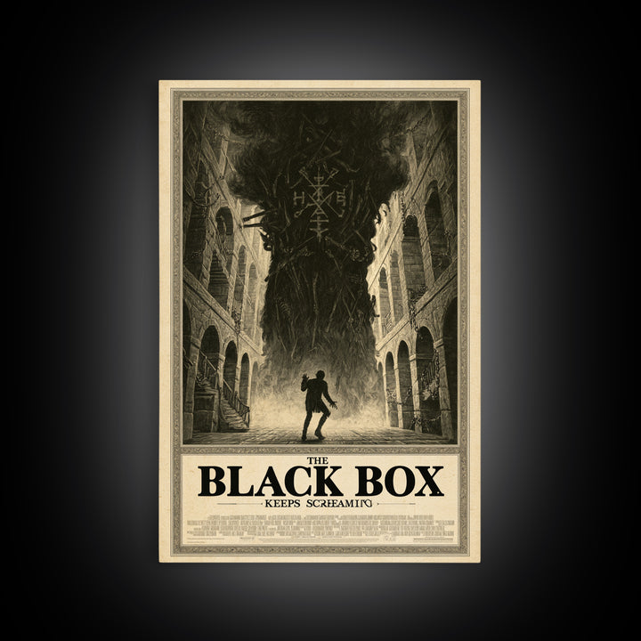 The Black Box Keeps Screaming, English Language Horror Movie Poster, Architectural Etching Art, Gothic Cinema Wall Art
