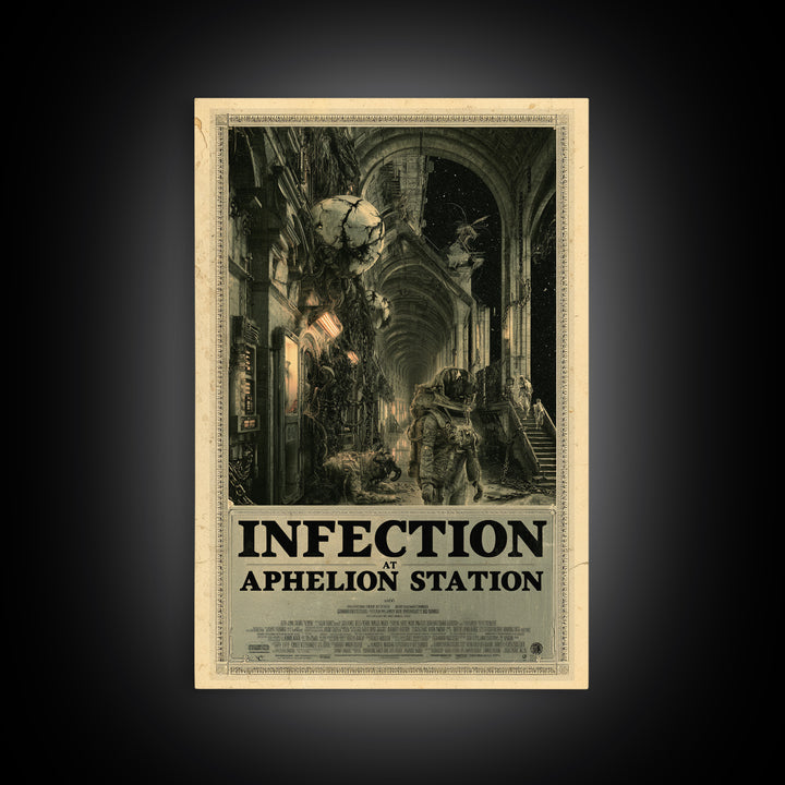 Infection At Aphelion Station, English Language Horror Movie Poster, Architectural Etching Art, Retro Horror Movie Art