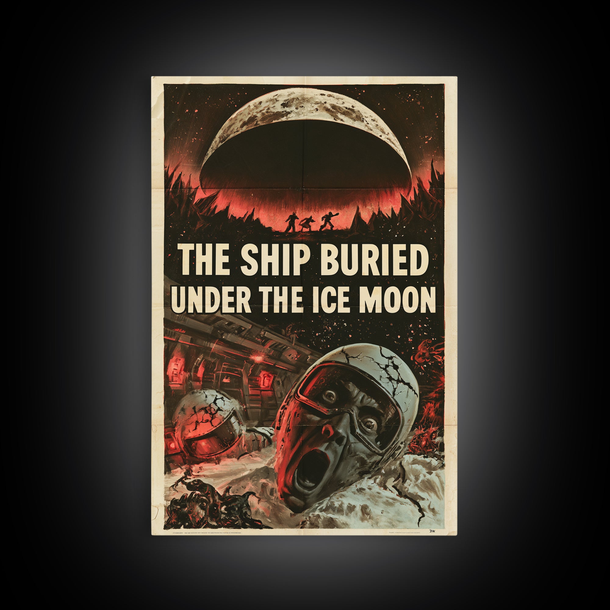 The Ship Buried Under The Ice Moon, English Language Horror Movie Poster, 1950s Creature-Feature One-Sheet Inspired Art, Framed Canvas Print