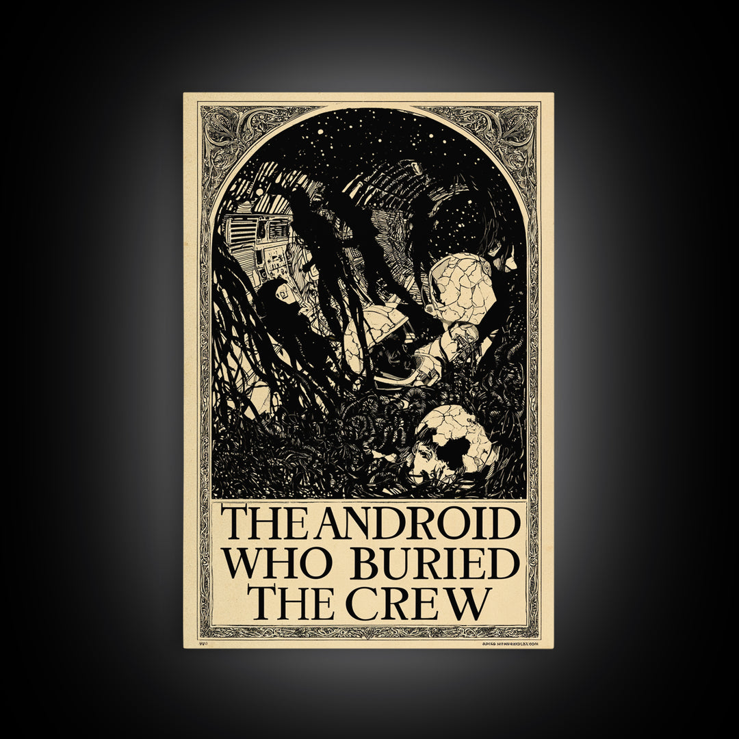 The Android Who Buried The Crew, English Language Horror Movie Poster, Decadent Line Art, Classic Monster Poster, Canvas Print