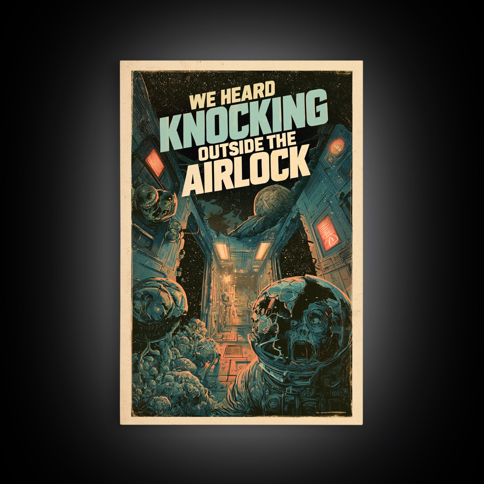 We Heard Knocking Outside The Airlock, English Language Horror Movie Poster, Decadent Line Art, Classic Monster Poster
