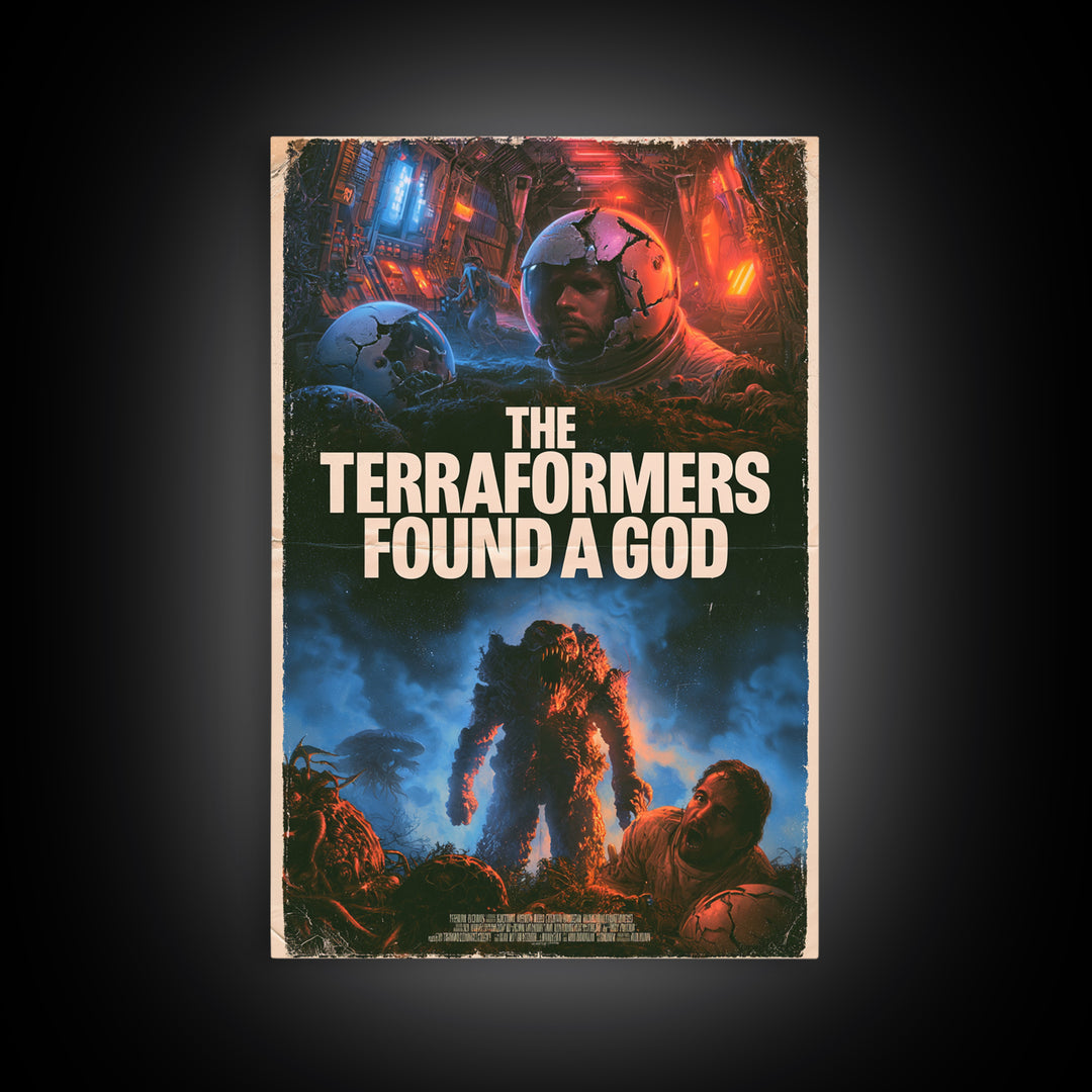 The Terraformers Found A God, English Language Horror Movie Poster, 1980s Vhs Nightmare Cover Inspired Art, Retro Horror Movie Art