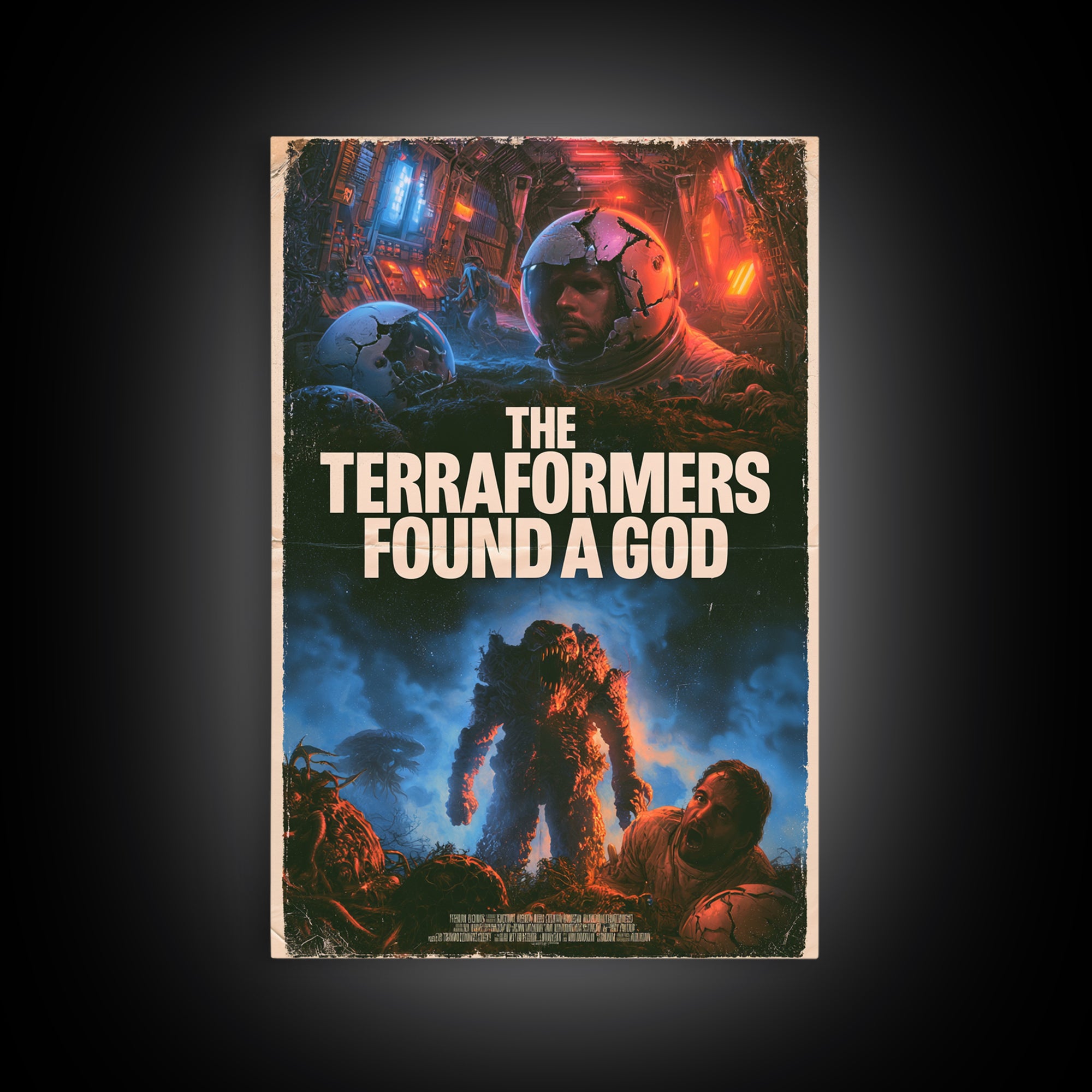 The Terraformers Found A God, English Language Horror Movie Poster, 1980s Vhs Nightmare Cover Inspired Art, Retro Horror Movie Art