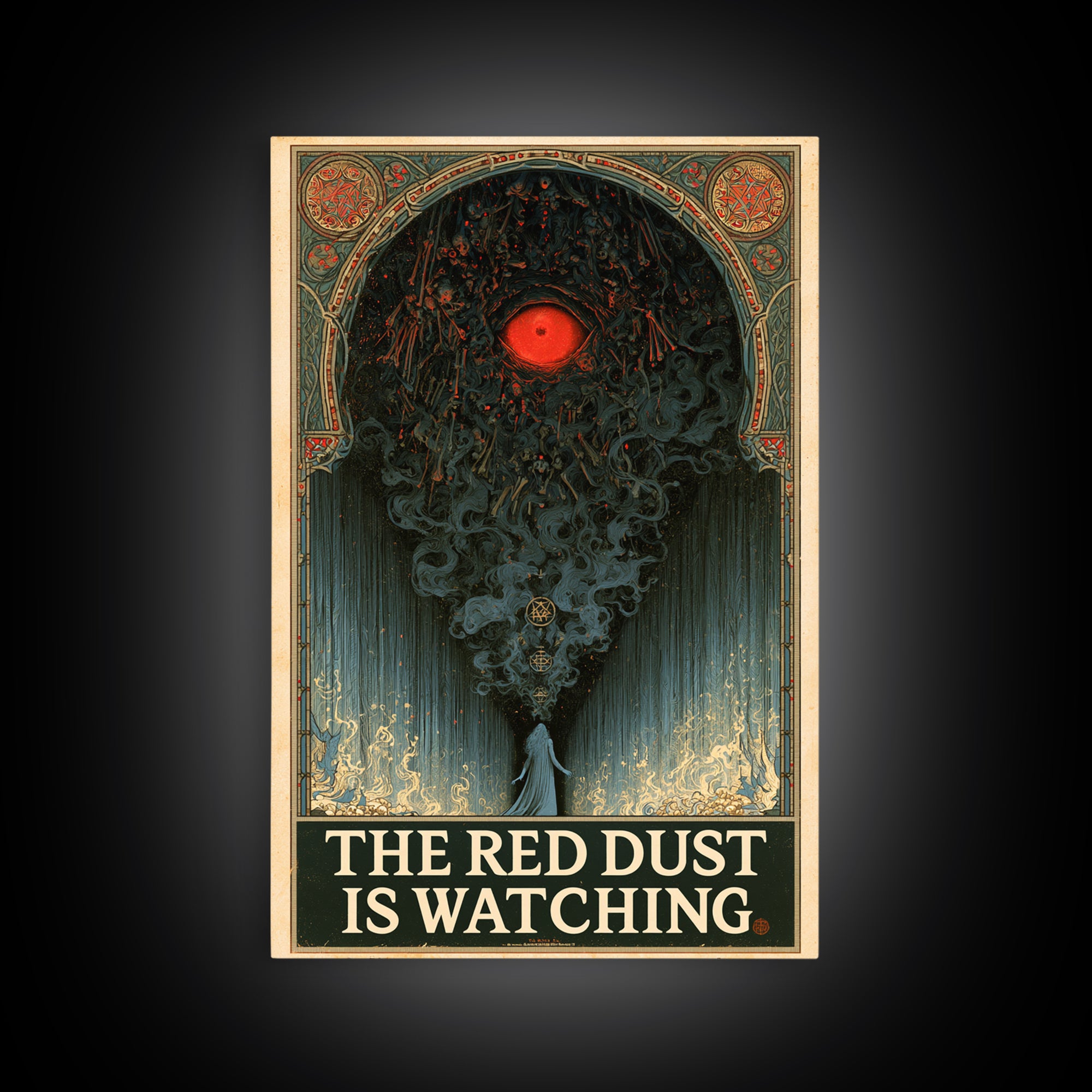 The Red Dust Is Watching, English Language Horror Movie Poster, Stained Glass Gothic Art, Retro Horror Movie Art, Framed Canvas Print