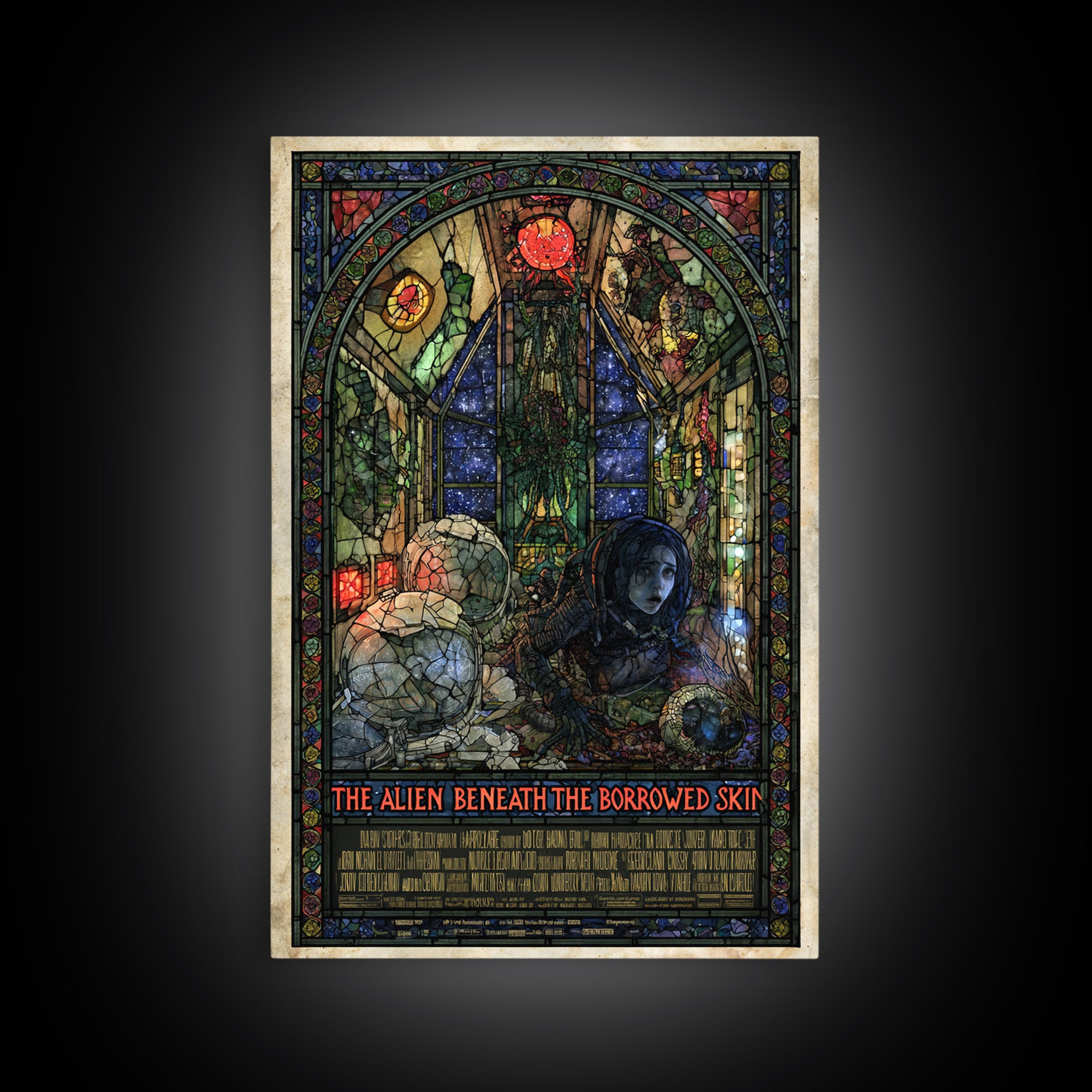 The Alien Beneath The Borrowed Skin, English Language Horror Movie Poster, Stained Glass Gothic Art, Gothic Cinema Wall Art