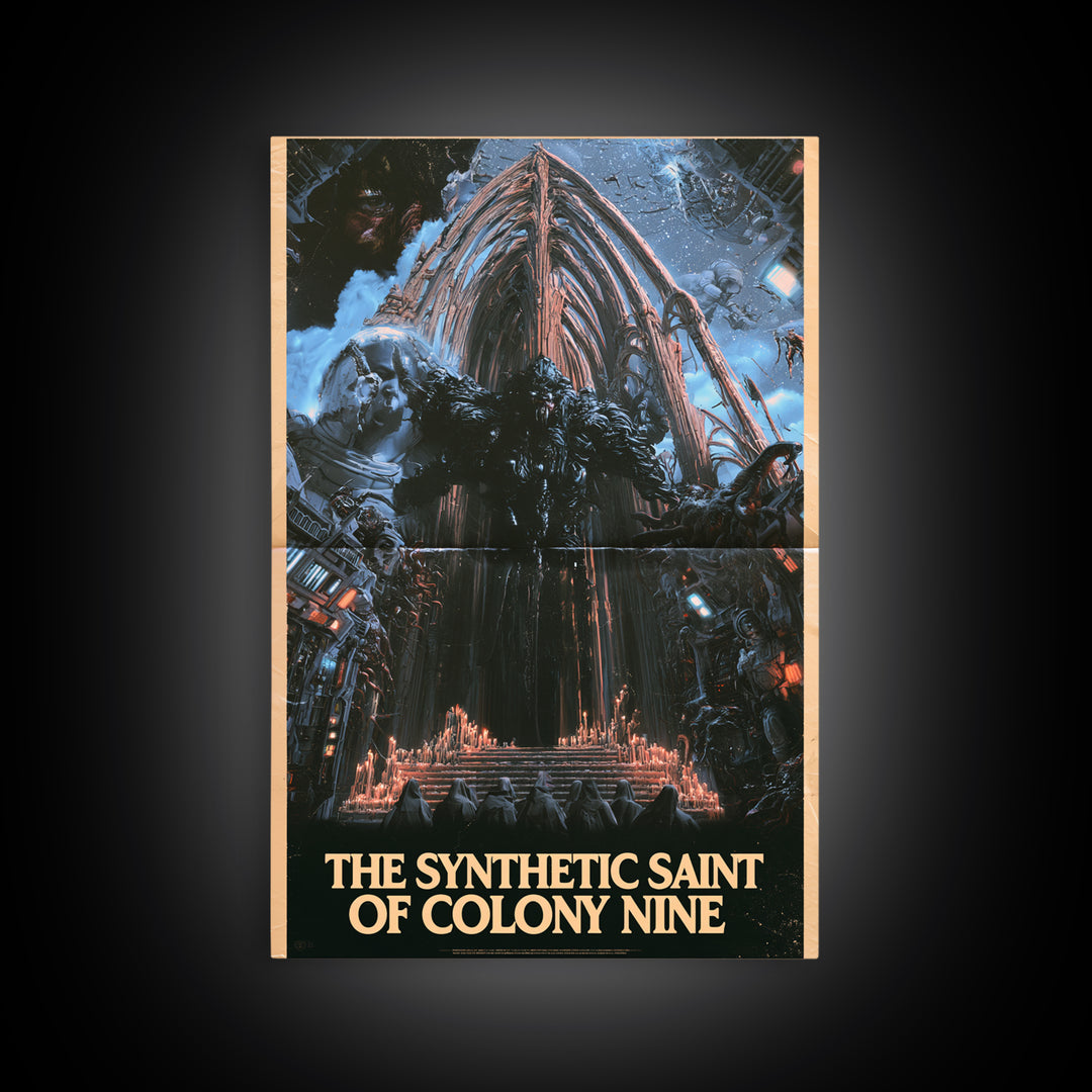 The Synthetic Saint Of Colony Nine, English Language Horror Movie Poster, 1980s Vhs Nightmare Cover Inspired Art, Classic Monster Poster