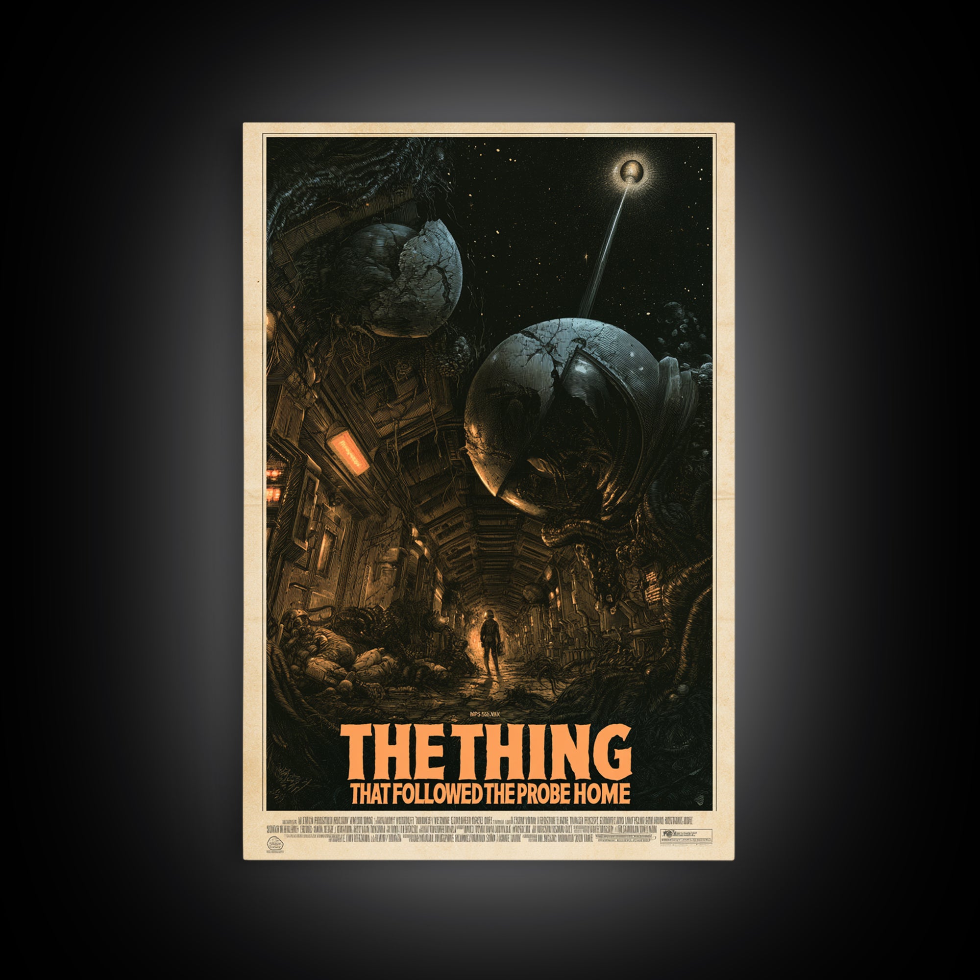 The Thing That Followed The Probe Home, English Language Horror Movie Poster, Gothic Engraving Art, Classic Monster Poster