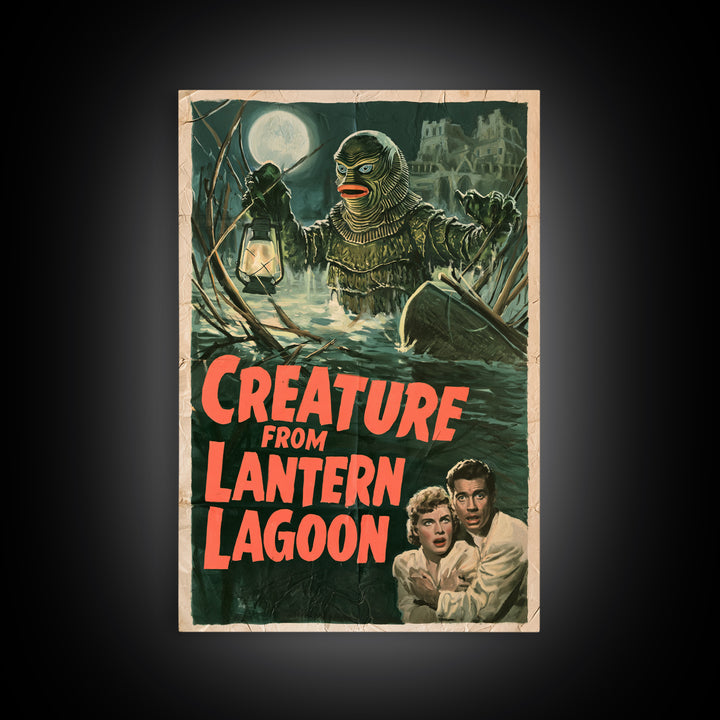 Creature From Lantern Lagoon, English Language Horror Movie Poster, 1950s Creature-Feature One-Sheet Inspired Art, Gothic Cinema Wall Art