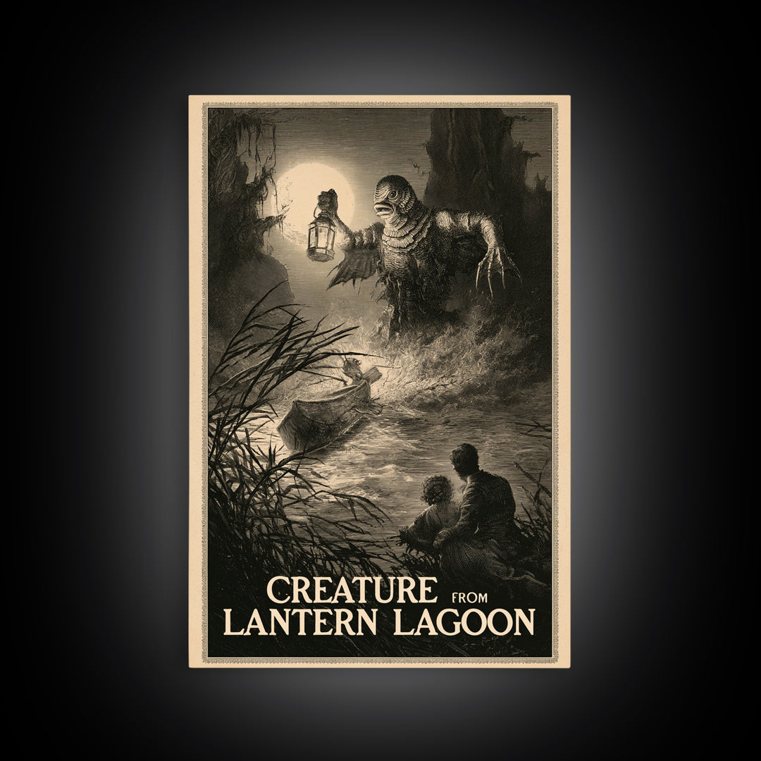 Creature From Lantern Lagoon, English Language Horror Movie Poster, Gothic Engraving Art, Gothic Cinema Wall Art, Framed Canvas Print