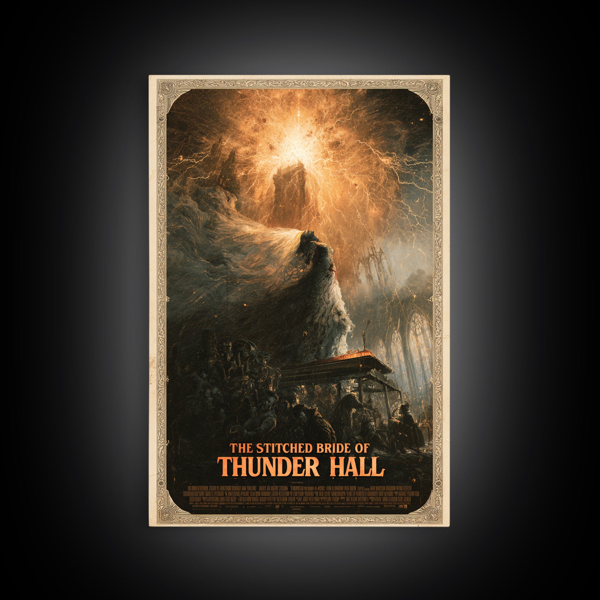 The Stitched Bride Of Thunder Hall, English Language Horror Movie Poster, Apocalyptic Romantic Art, Retro Horror Movie Art