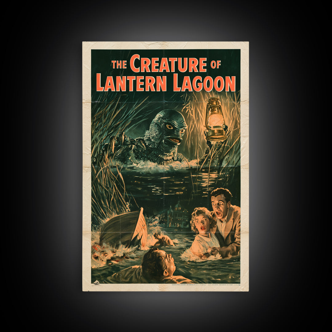 The Creature Of Lantern Lagoon, English Language Horror Movie Poster, 1950s Creature-Feature One-Sheet Inspired Art, Cult Horror Poster