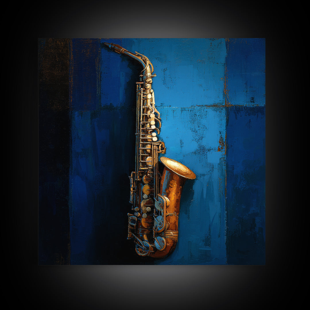 Jazz Saxophone with Smoky Blue Background Framed Canvas Print, Music Studio Art, Watercolor Print, Studio Decor, Rhythm, MSA-1x1-2