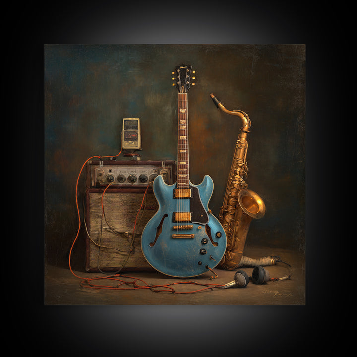 Electric Guitar Pedals and Cables Graphic Art Framed Canvas Print, Music Studio Art, Teen Room Decor, Studio Decor, Rhythm, MSA-1x1-21