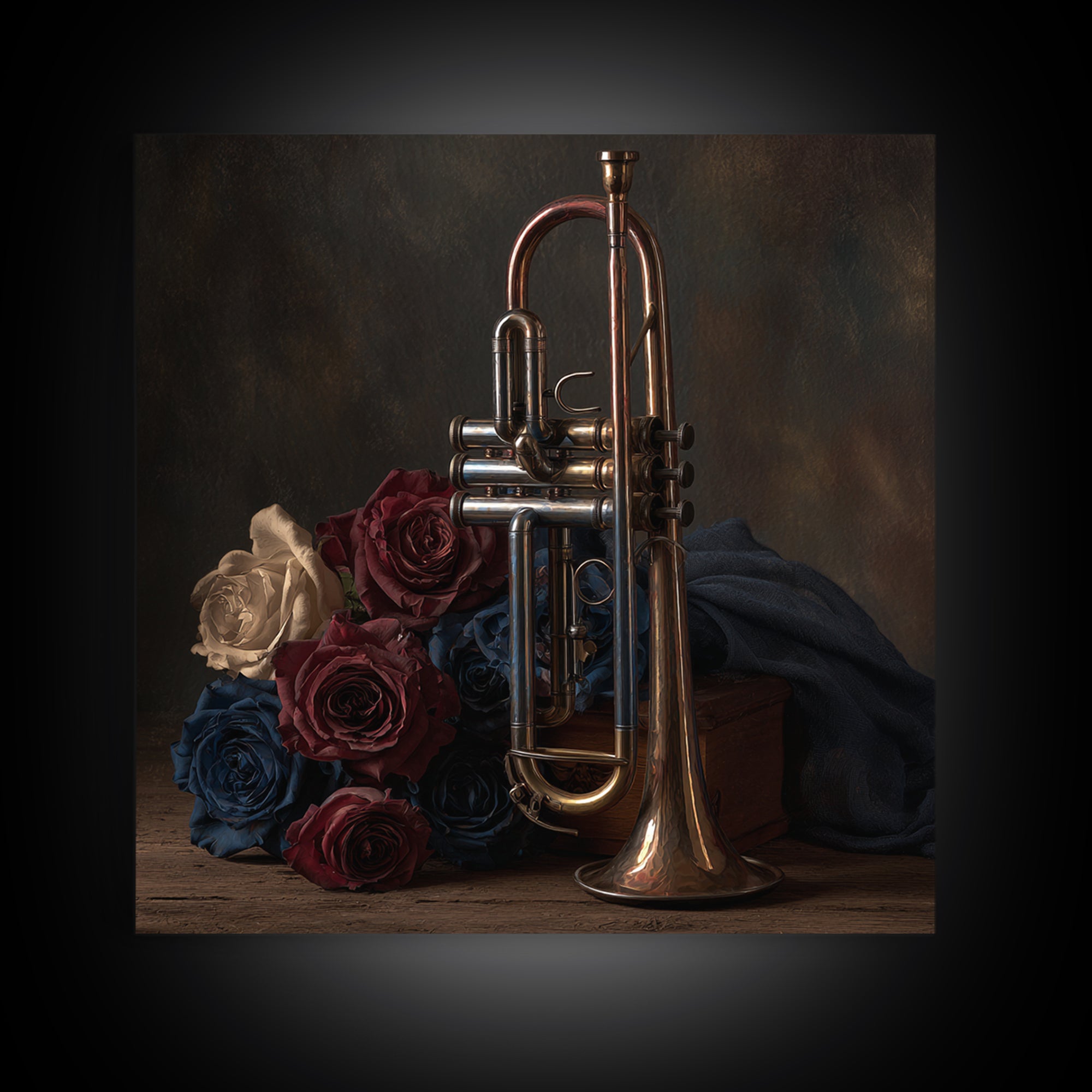 Trumpet and Roses Framed Canvas Print, Music Studio Art, Gallery Decor, Studio Decor, Fine Art, Rhythm, Contemporary Art, MSA-1x1-32