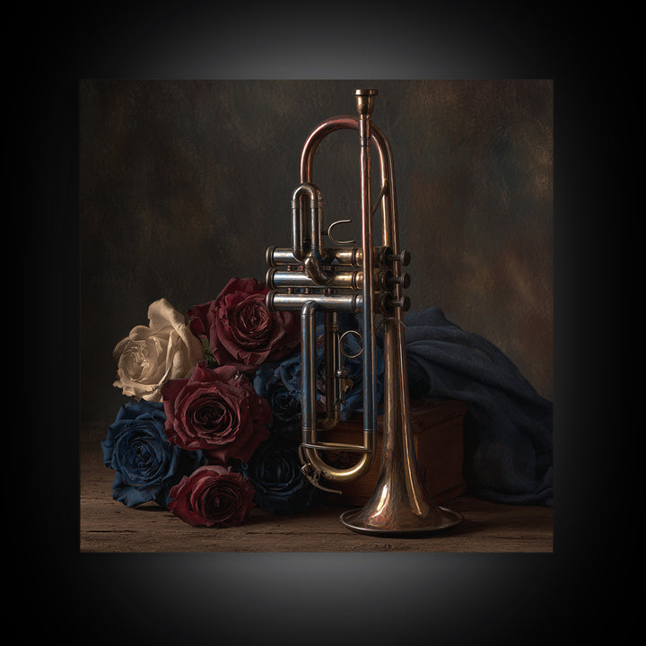 Trumpet and Roses Framed Canvas Print, Music Studio Art, Gallery Decor, Studio Decor, Fine Art, Rhythm, Contemporary Art, MSA-1x1-32