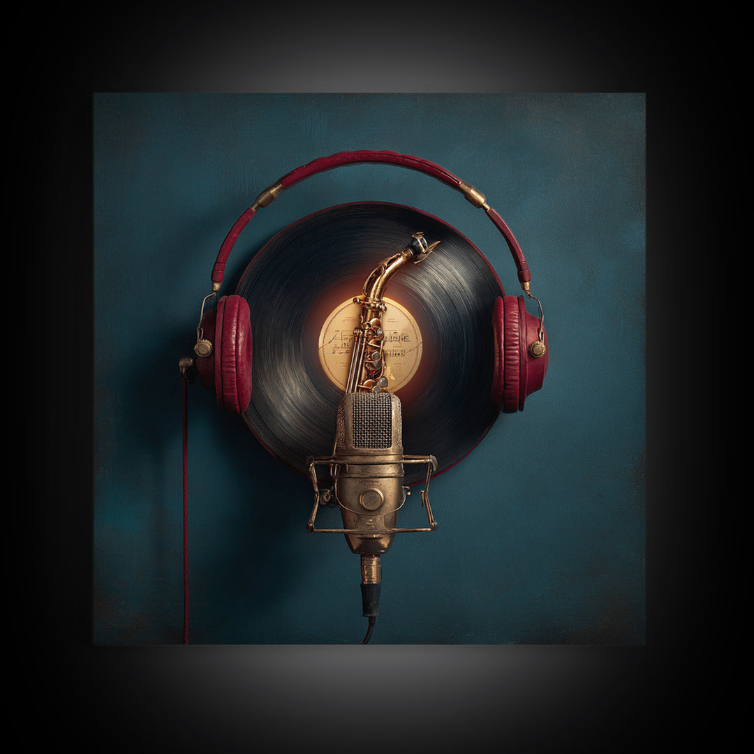 Headphones Around a Glowing Record Canvas Print, Music Studio Art, Music Posters, Studio Decor, Fine Art, Rhythm, Music Lover, MSA-1x1-35