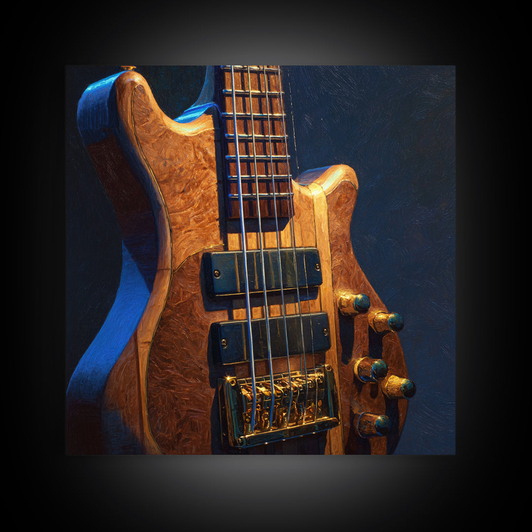 Bass Guitar Closeup Framed Canvas Print, Music Studio Art, Music Lover, Studio Decor, Oil Painting, Rhythm, Minimalist Decor, MSA-1x1-37