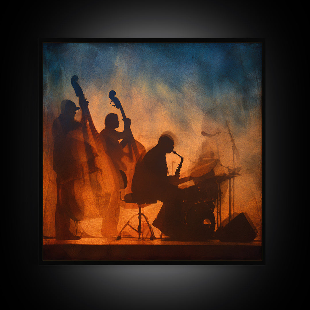 Jazz Quartet Silhouettes Framed Canvas Print, Music Studio Art, Travel Wall Art, Studio Decor, Fine Art, Rhythm, Boho Decor, MSA-1x1-46