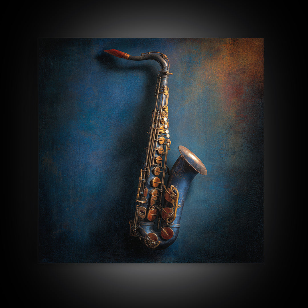 Jazz Saxophone with Smoky Blue Background Canvas Print, Music Studio Art, Personalized Art, Studio Decor, Fine Art, Rhythm, MSA-1x1-50