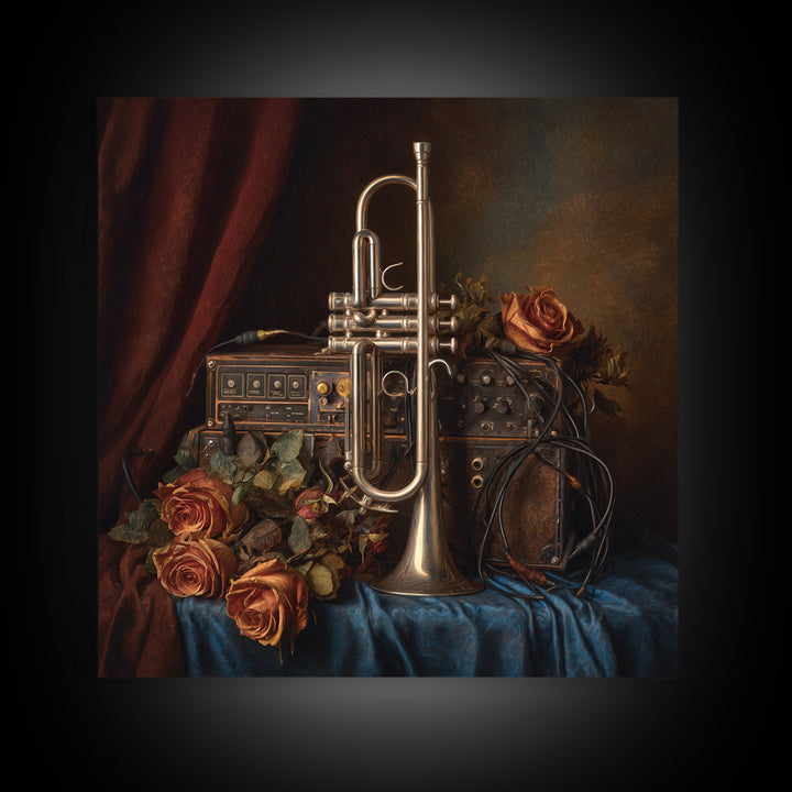 Trumpet and Roses Framed Canvas Print, Music Studio Art, Modern Wall Art, Studio Decor, Rhythm, Boho Art, Travel Wall Art, MSA-1x1-56
