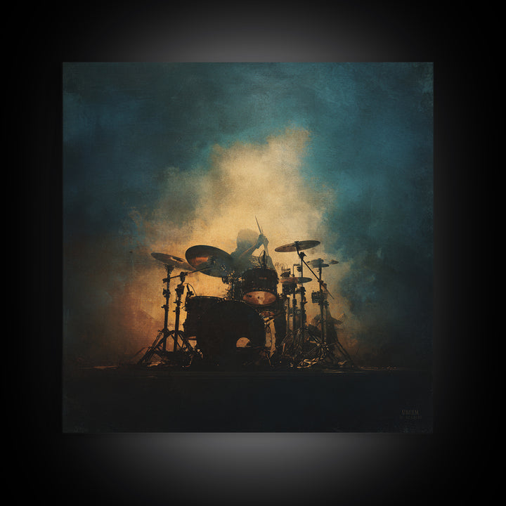 Drum Kit Silhouette Framed Canvas Print, Music Studio Art, Commission Painting, Studio Decor, Watercolor Art, Rhythm, MSA-1x1-6