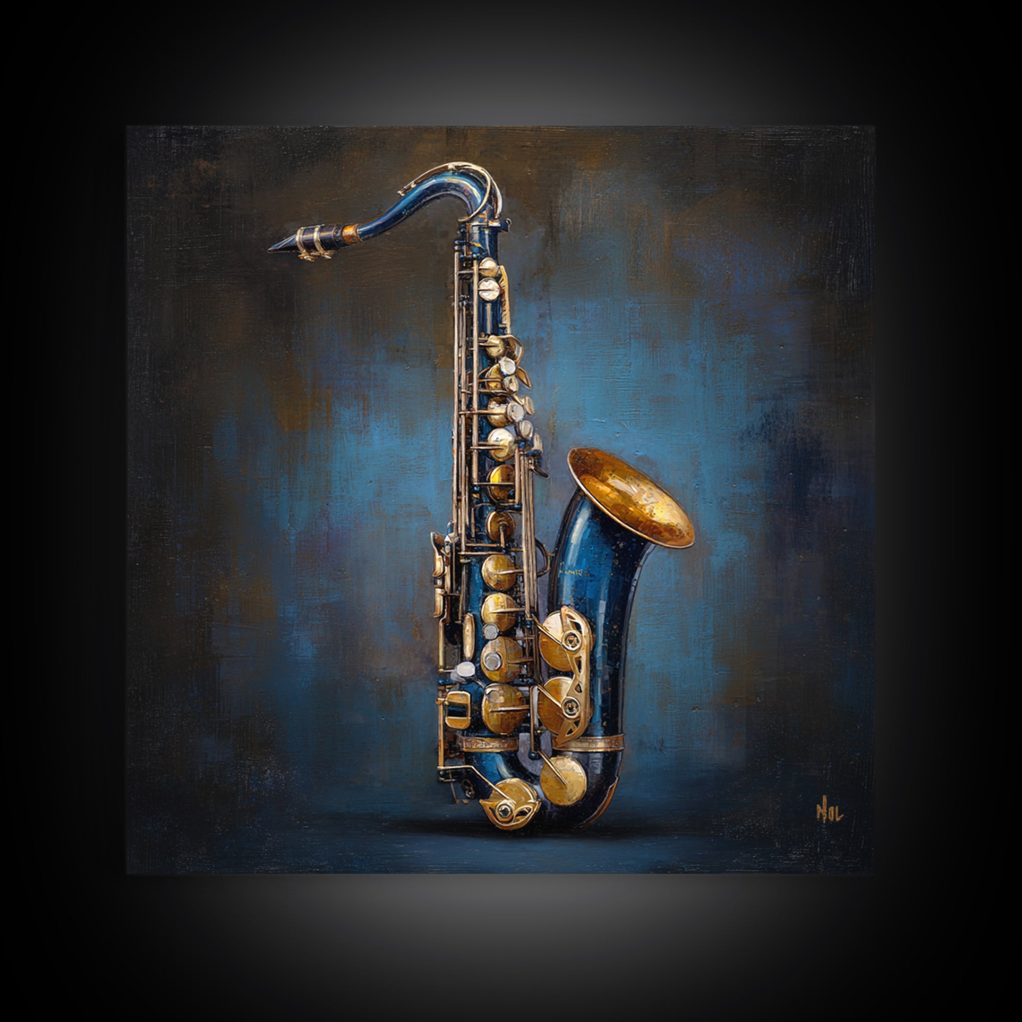 Jazz Saxophone with Smoky Blue Background Framed Canvas Print, Music Studio Art, Music Lover, Studio Decor, Fine Art, Rhythm, MSA-1x1-74