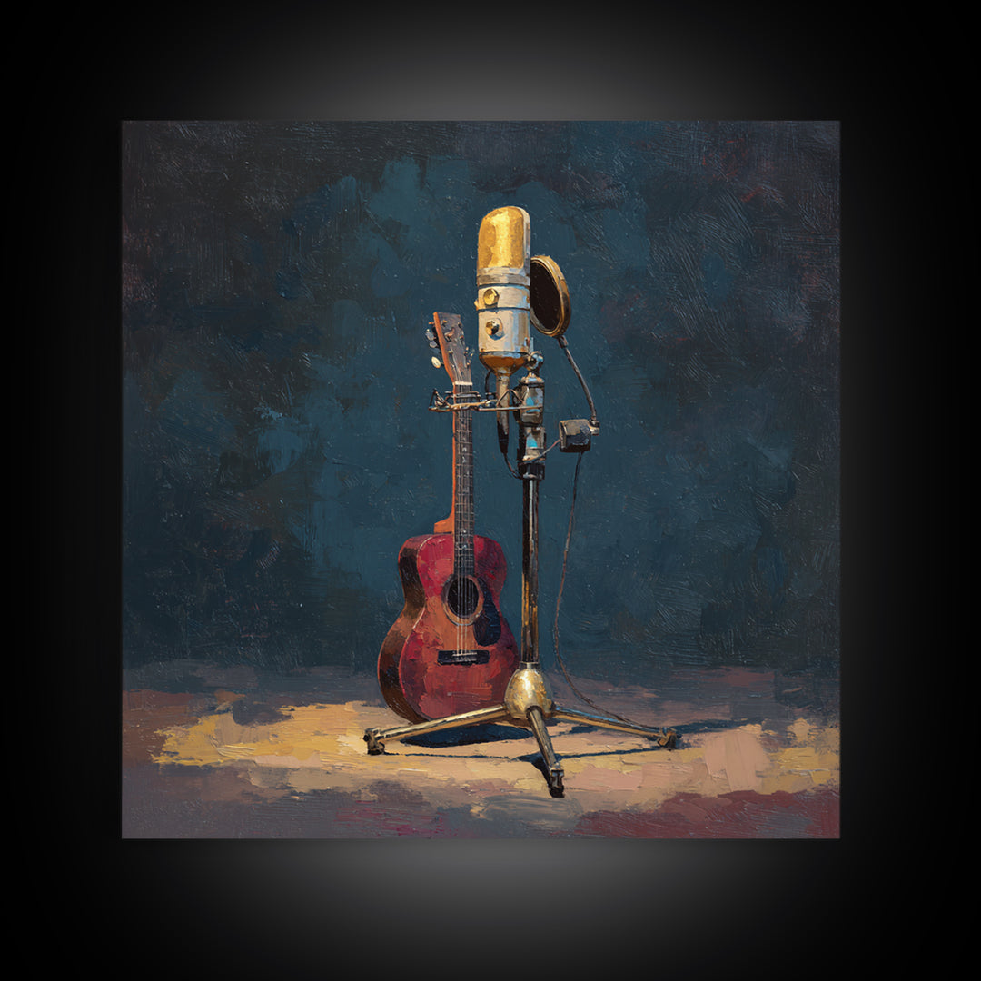 Microphone Portrait with Golden Spotlight Framed Canvas Print, Music Studio Art, Fine Art Print, Studio Decor, Fine Art, Rhythm, MSA-1x1-79
