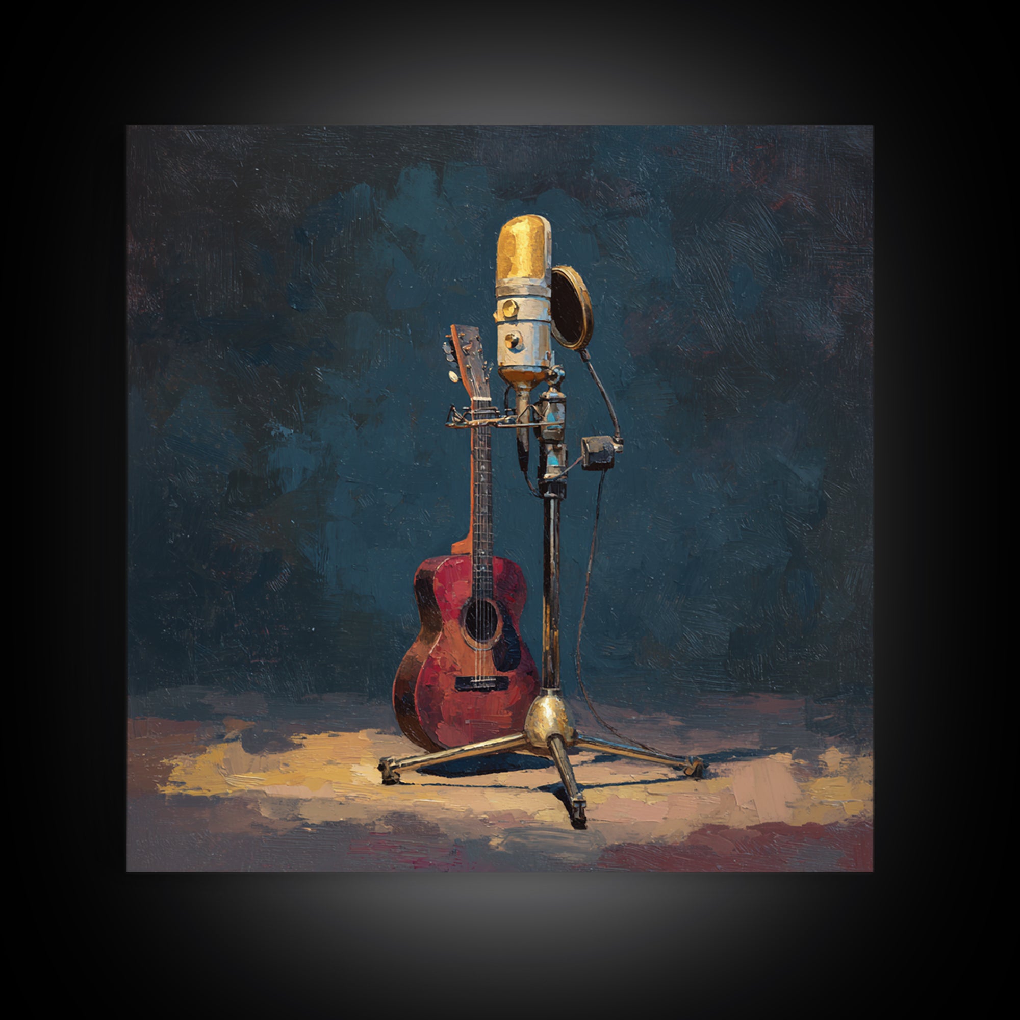 Microphone Portrait with Golden Spotlight Framed Canvas Print, Music Studio Art, Fine Art Print, Studio Decor, Fine Art, Rhythm, MSA-1x1-79