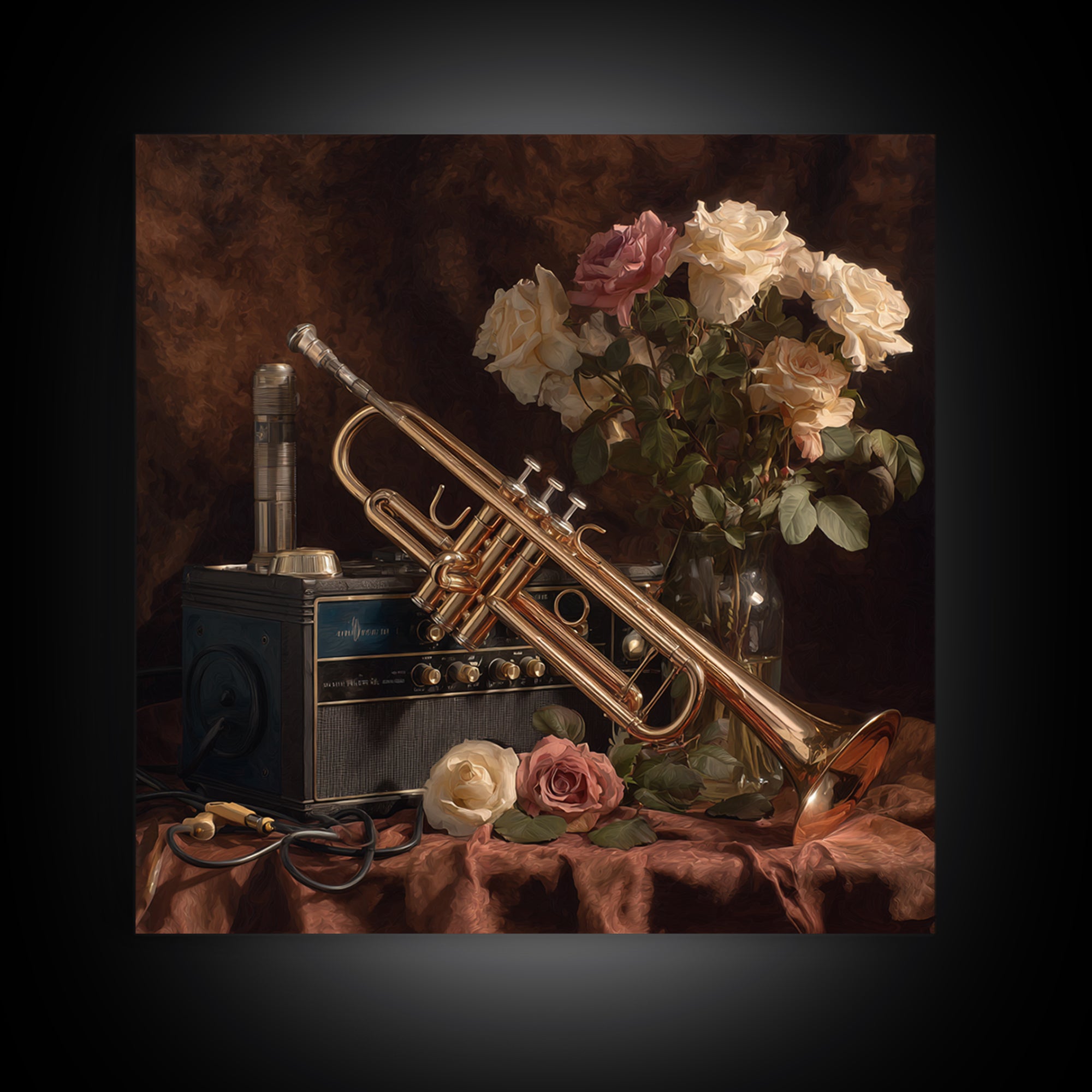 Trumpet and Roses Framed Canvas Print, Music Studio Art, Printable Art, Studio Decor, Rhythm, Music Art, Man Cave Decor, MSA-1x1-8
