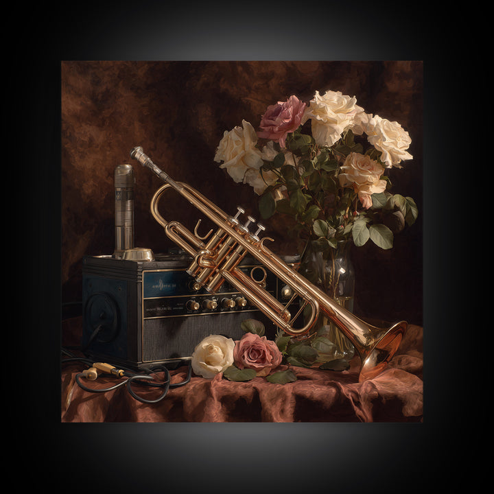 Trumpet and Roses Framed Canvas Print, Music Studio Art, Printable Art, Studio Decor, Rhythm, Music Art, Man Cave Decor, MSA-1x1-8