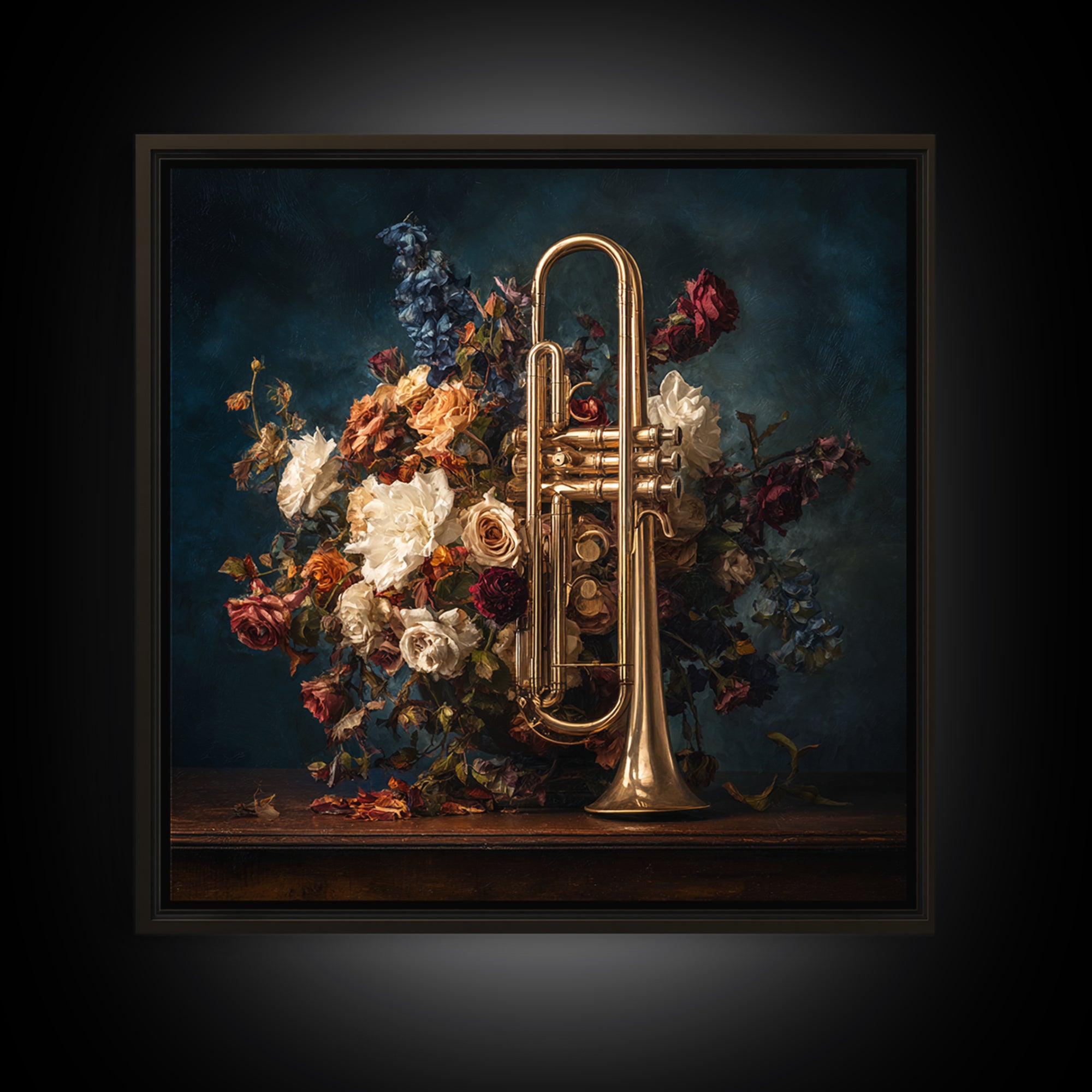 Trumpet and Roses Framed Canvas Print, Music Studio Art, Modern Decor, Studio Decor, Fine Art, Rhythm, Home Decor, Wall Decor, MSA-1x1-80